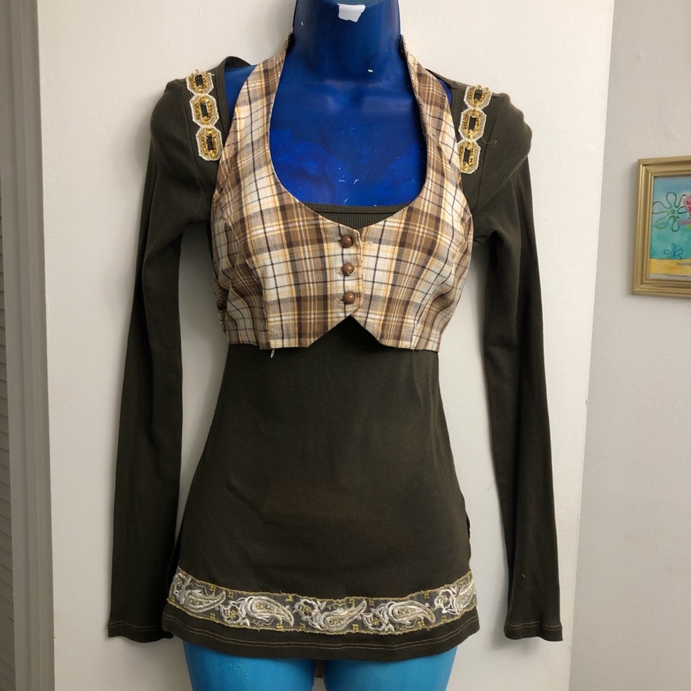 Vintage y2k plaid halter vest w/button front & lace beaded top 2pc bundle lot